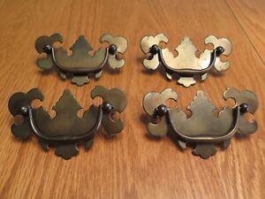 Brass Drop Pulls French Provincial Flat Thin 4 3 8 Wide Lot Of 4 With Screws
