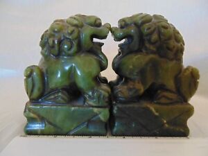 Antique Carved Green Jade Foo Dog Lions 3 75 Figures Statue Sculpture Book Set