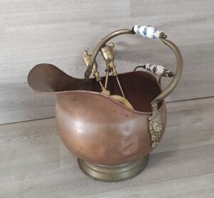 Vintage Coal Ash Bucket Scuttle Copper Brass Porcelain Handles W Tools