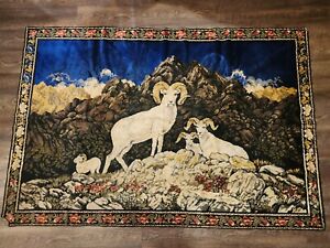 Vintage Gorgeous X Large Velvet Mountain Sheep Tapestry 73 X 49 Estate Find