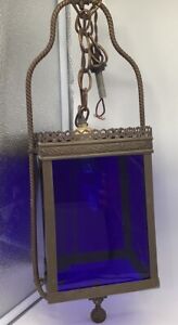 Stunning Brass Cobalt Blue Glass Hanging Lantern Ceiling Lamp 21 Turned Brass