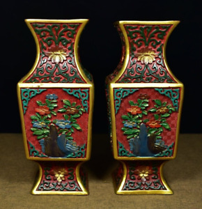 9 Exquisite Decor Pair Lacquer Big Vase Carved Square Flower Bottle Ornament