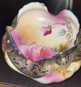 Nippon Antique Hand Painted Jeweled Rose Bowl 1st Quality Oak Leaf Gold Banded