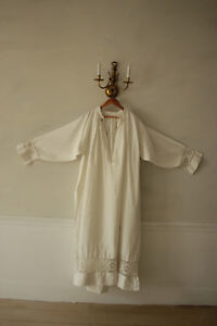 Antique French White Linen Night Gown With Lace Cuffs Large Nightdress 1800 S