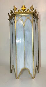Large Antique Ornate Gilt Bronze Stained Glass Church Gothic Hanging Chandelier
