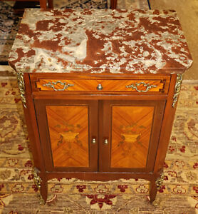 19th Century French Louis Xv Style Marble Top Satinwood Inlaid Side Cabinet