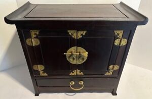 Antique Asian Wooden Brown Lacquer Trinket Jewelry Chest 18 W X 15 H X 10 Dp