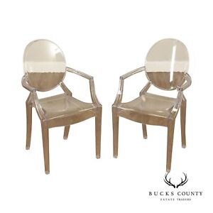 Modern Style Pair Ghost Lucite Arm Chairs