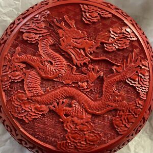 6 Inches In Diameter Red Chinese Carved Dragon Cinnabar Lacquer Round Box