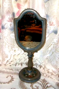 Art Deco Vanity Shaving Mirror Standing Wood Hp Tole Flowers Shield Shape 1920s