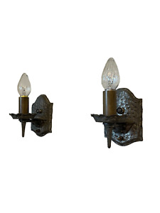 Pair Of Hammered Metal Single Light Arts And Crafts Gothic Sconces