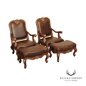 French Provincial Style Pair Of Shell Carved Leather Armchairs And Ottomans
