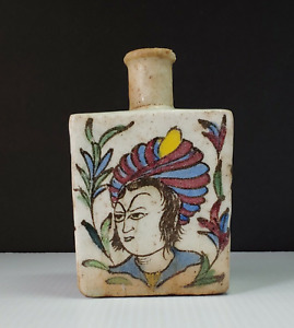 Antique Vtg Persian Flask Iznik Bottle Pottery Turkish Vase Middle Eastern Blue