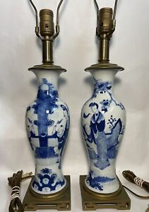 Pair Of Antique Chinese Blue And White Vase Lamps
