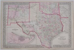 Original 1873 Mitchell Map Texas Bexar Territory Forts Railroads Galveston Pecos