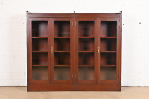 Antique Stickley Style Arts And Crafts Solid Mahogany Double Bookcase 1920s