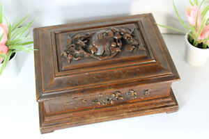 Antique Black Forest Wood Carved Sewing Box Initials Floral Decor Rare