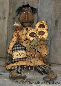 Pattern Extreme Primitive Folk Art Doll W Sunflowers Bumble Bee Doll Ornie