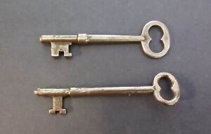 Lot Of 2 Antique Vintage Skeleton Mortise Keys Solid Barrel
