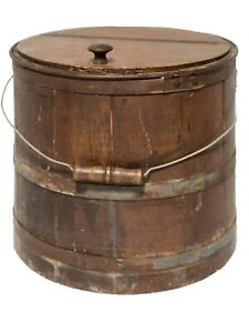 12 Antique Naive Primitive Brown Paint Bail Handled Pantry Firkin Sugar Bucket