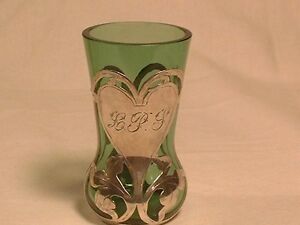Rare Antique Emerald Green Heavy Sterling Overlay Overlaid Toothpick Holder