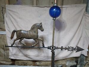 Antq Hollow Trotting Horse Weather Vane With Shill System Colbalt Blue Ball