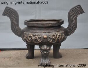 33 Chinese Buddhism Bronze Animal Dragon Beast Foot Tripod Incense Burner Censer