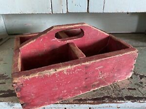 Antique Primitive Wood Tote Old Red Paint Plant Garden Tool Caddy Arched Handle