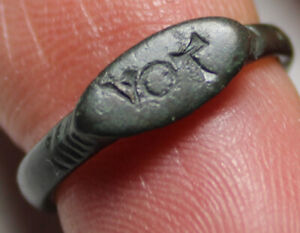 Rare Genuine Ancient Roman Seal Ring Artifact Intact Inscibed Vot Size 6 Patina