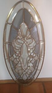 Antique Leaded Beveled Etched Glass Oval Window W Brass Pattern 37 5x15