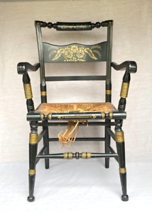 Antique Hitchcock Floral Painted Black And Gold Rush Seat Arm Chair Rare 