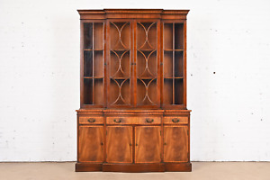 Georgian Carved Flame Mahogany Breakfront Bookcase Cabinet By Fancher 1940s