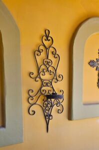 Wrought Iron Wall Sconce Hammered Candle Scroll Farmhouse Large 42 X17 X9 Vtg