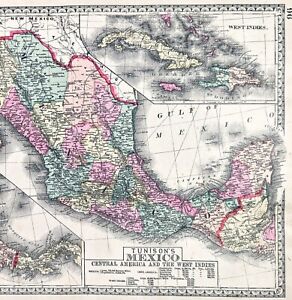 1891 Mexico Map Original West Indies Texas Cuba Central America Baja California