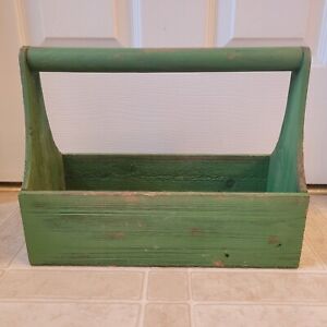 Vintage Primitive Wood Wooden Tool Caddy Box Primitive Tote Handle Green 13 5 L