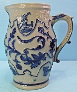 Antique Blue Gray Salt Glaze Stoneware Pitcher W Cobalt Decorations