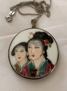 Vtg Chinese Pottery Chard Geisha Portrait Sterling Silver Framed W 18 Chain