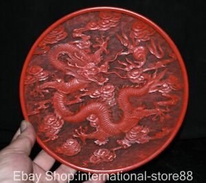 8 Marked Old China Red Lacquer Ware Palace Dragon Play Bead Dish Plate