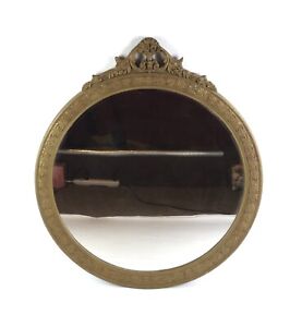 Antique Wood Carved Ornate Gold Painted Gesso Framed Round Mirror