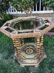 Vintage Hollywood Regency Gold Gilt Side Table With Glass Top
