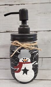 Christmas Winter Black Crackle Painted Snowman Mason Jar Soap Dispenser