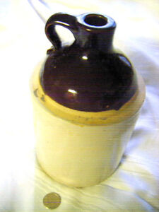 Antique Whiskey Jug 1 2 Gallon Lustre Brown Top Cream Body With Handle Classic 