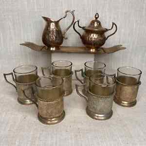 Vintage Ornate Silverplate Tea Set Turkish Service 6 Cups Sugar Creamer Tray