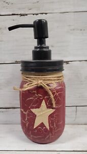 Primitive Crackle Burgundy Tan Star Mason Jar Soap Dispenser Choice Top