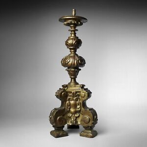 Antique Early 18th Century Carved Gilt Wood Lamp Base Candlestick Holder