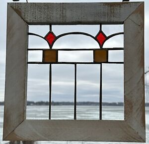 Framed Stained Glass Window Mission Style Red Orange Flower Design