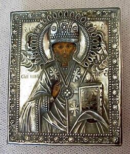 1816y Russian Royal Imperial Icon 84 Silver Oklad St Nicolas Myra Gold Travel