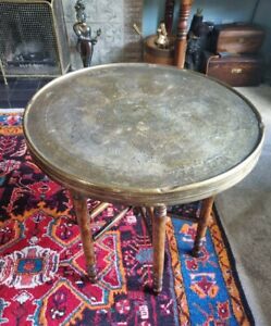 Antique Benares Table Folding Legs Brass Enclosed Top Tray
