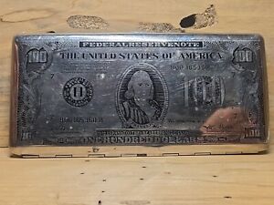 A Large Sized Silver Toned Vesta Case 100 Bill Etching X703