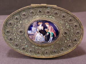 19 C H Painted Enamel French Bronze Portrait Jeweled Vanity Jewelry Trinket Box
